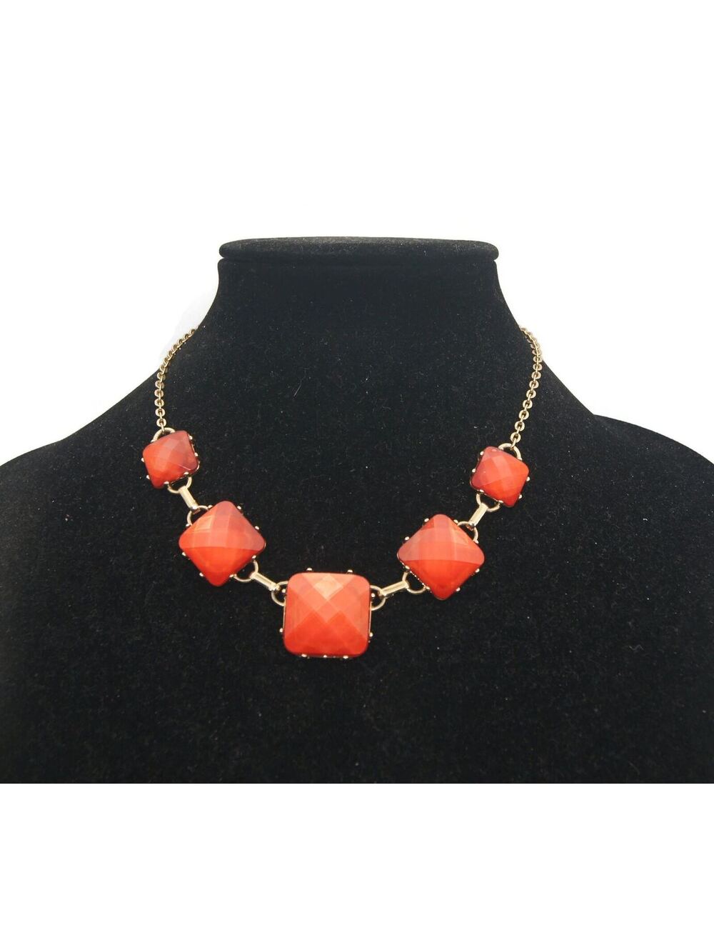 Vintage Gold Tone and Faceted Orange Bib Necklace, 16" with 3 Inch Extender.